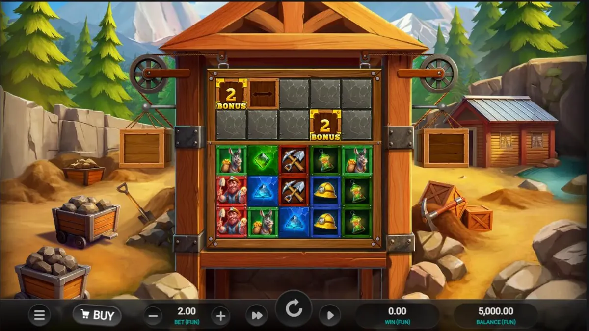 Tampilan visual slot Digger’s Dough dengan tema pertambangan kartun yang cerah